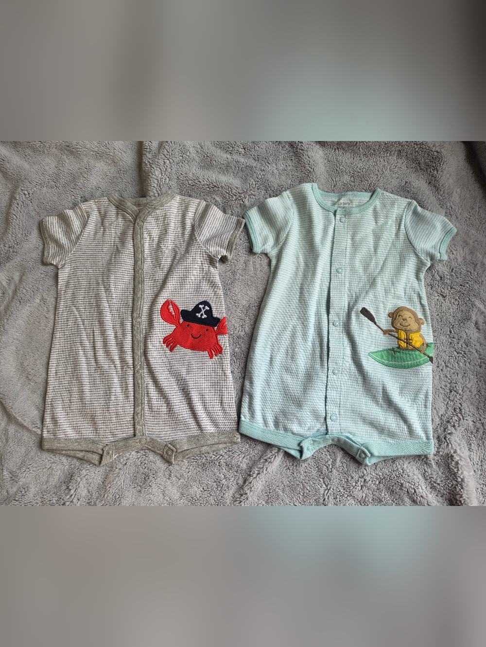 Carter's Striped Gray & Mint Green Baby One-Pieces with Crab Applique